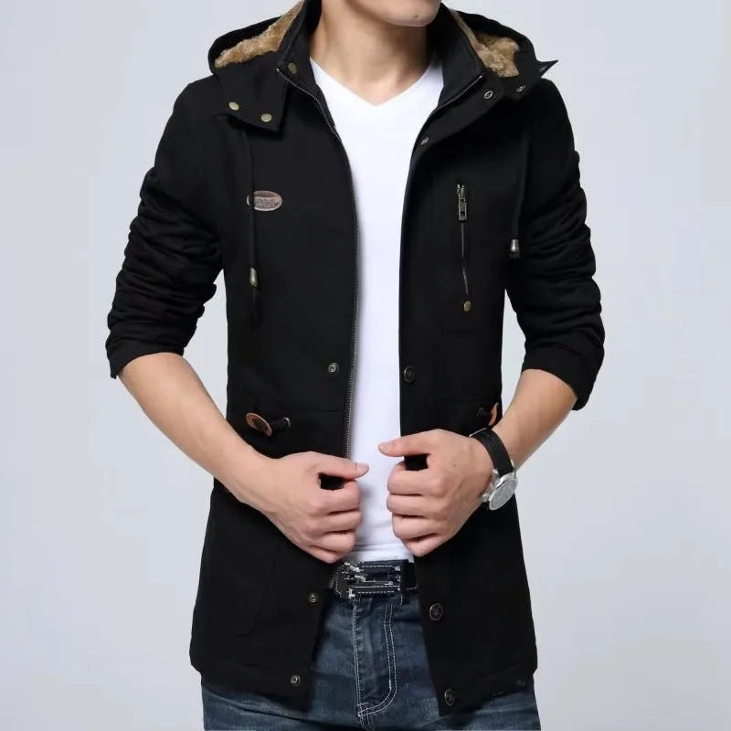 Casual Loose Autumn Winter Men Trench Coat Fashion Hooded Windproof Windbreakers Pockets Zipper Men Jackets M-5Xl Streetwear