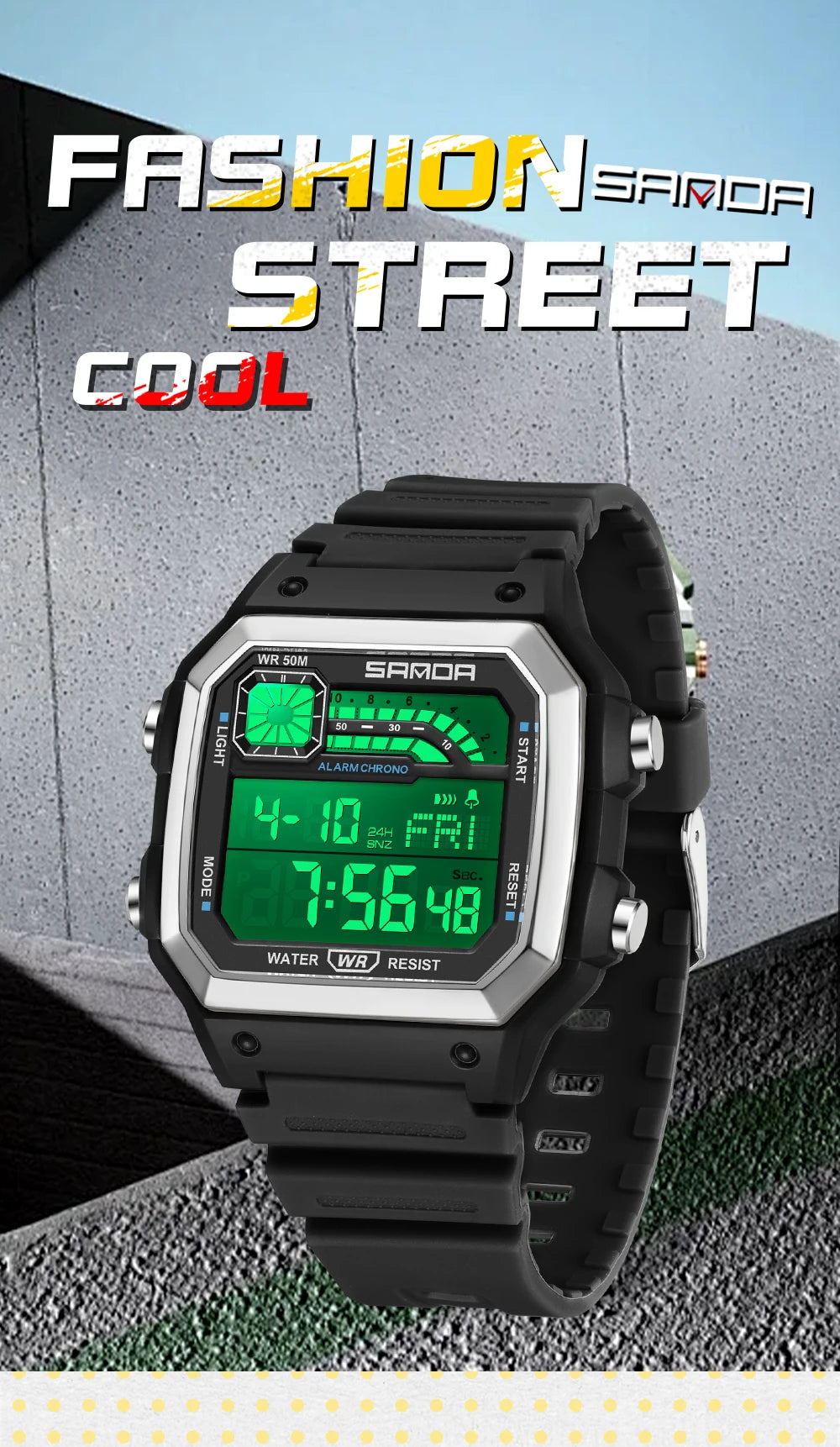 SANDA 6196 Electronic Watch Night Glow Waterproof Sports Men's Light and Thin Square Classic Male and Female Student Watch