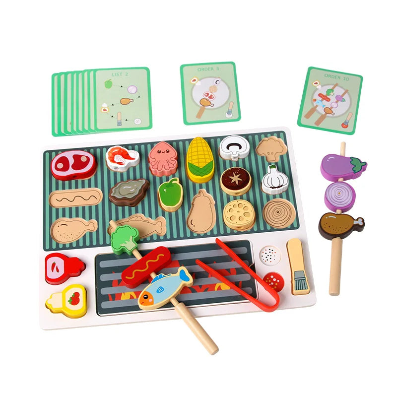 Wooden Kitchen Toys Set for Kids,Pretend Cooking Food Playset-BBQ Grill Toy with Food & Kitchen Toy Accessories Fine Motor Toys
