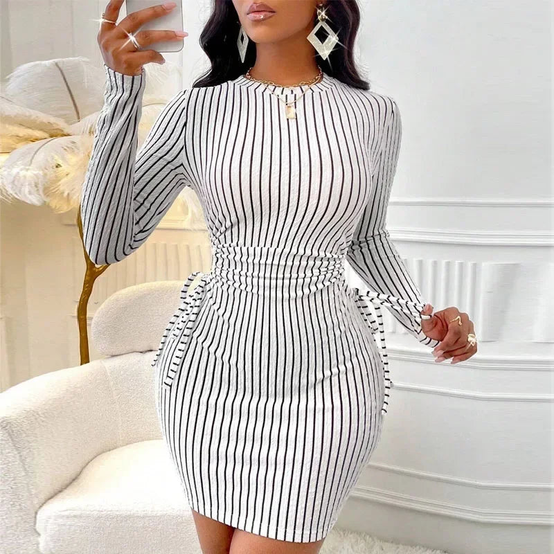 Dresses for Women 2025 Fashion O-Neck Package Hip Women Dress Slim Long Sleeve Striped Dress Women Vestidos De Verano Mujer Q24
