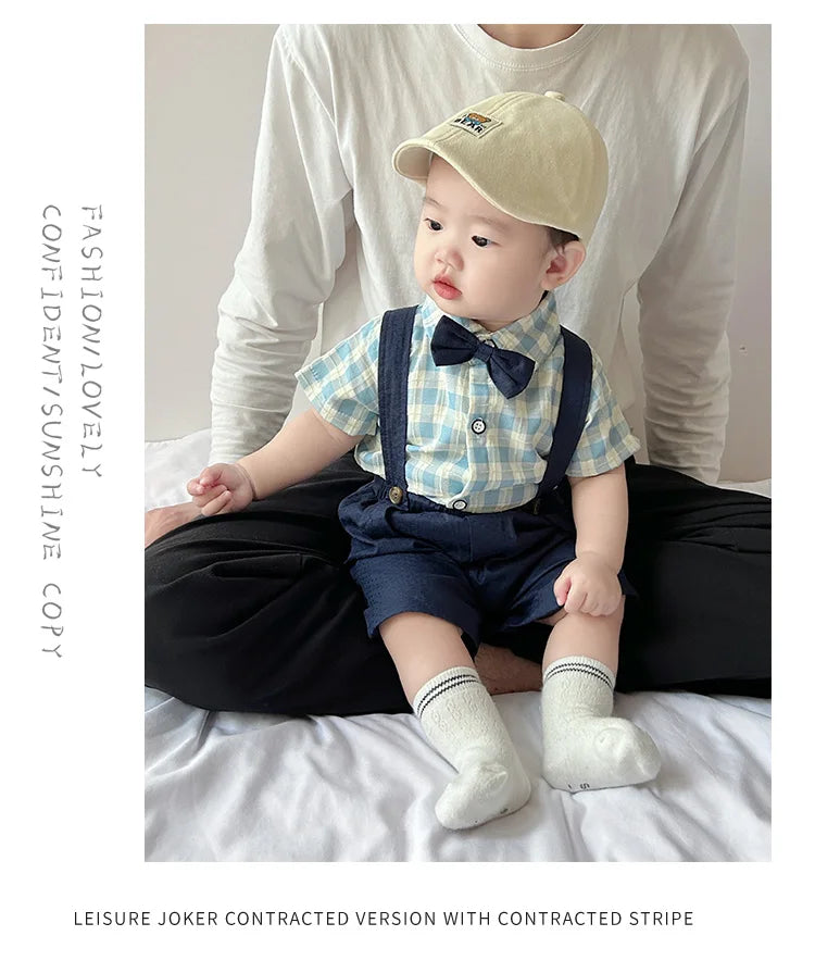 Boy Suit Summer Newborn Baby Clothes Summer Gentleman Children's Dress Lattice Shirt Strap Short+socks 3-piece Suit.