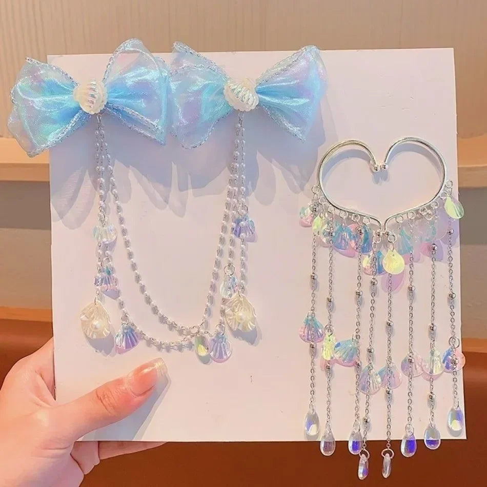 Baby Girls Cute Mermaid Princess Pearl Tassel Bow Forehead Chain Hair Clip Children Hair Accessories Girls Super Hair Clip TM04