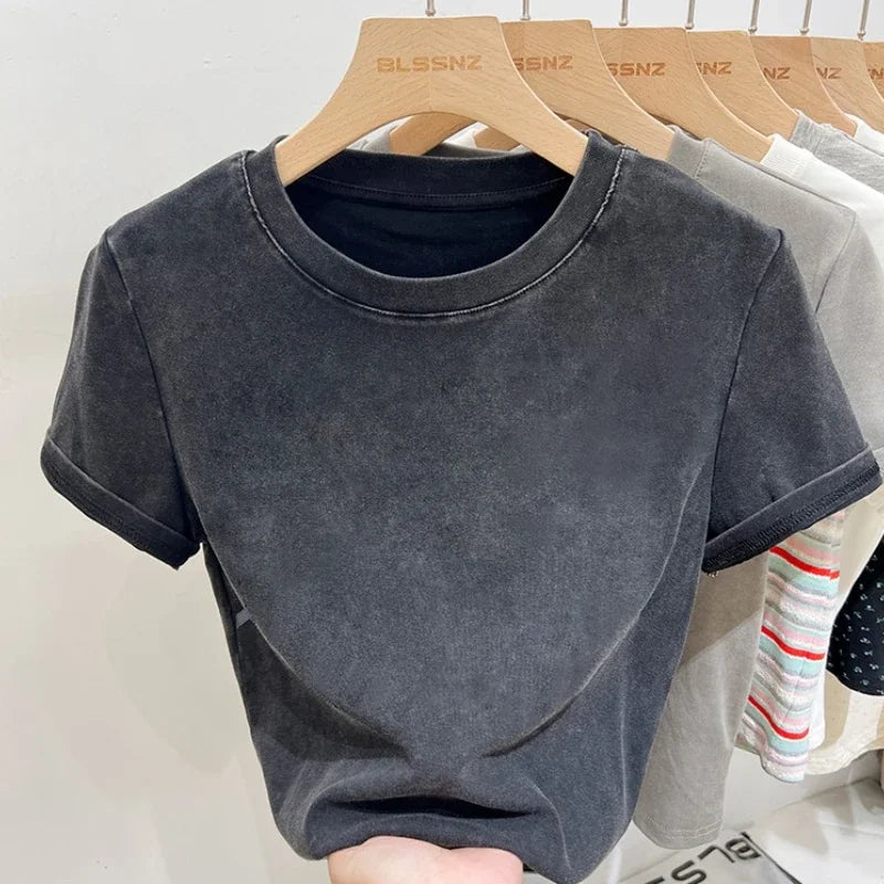 Women's Cotton T-shirt Female Summer 2025 Short Sleeve Washed Vintage Tee Harajuku Casual O-Neck Simple Slim Fit T Shirts