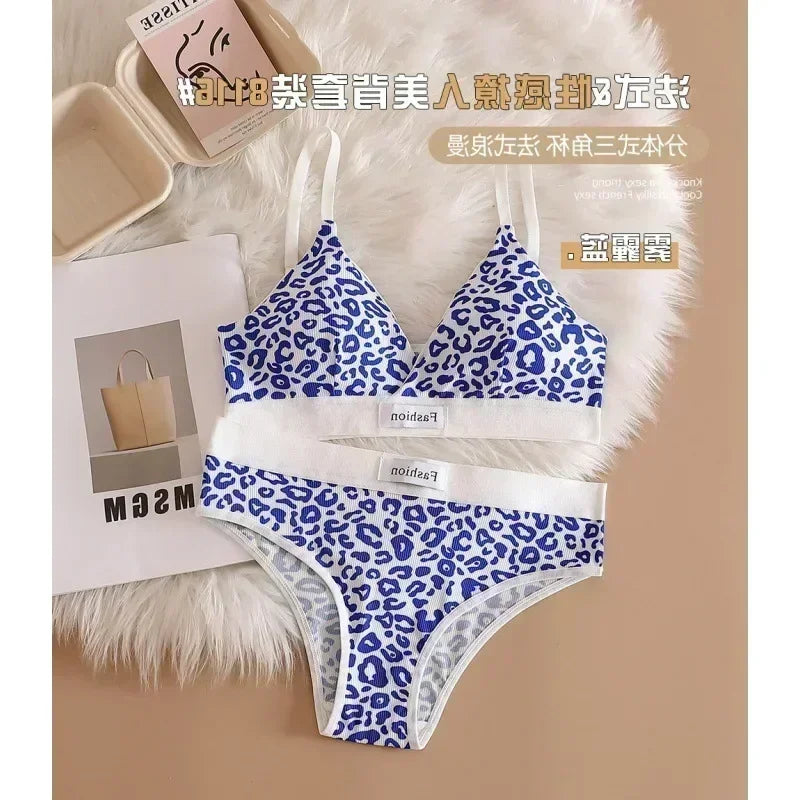 Women Seamless Bra Set Low Waist Panties Leopard Bralette Sexy Lingerie Set Vneck Sport Brassiere Female Cotton Underwear Set