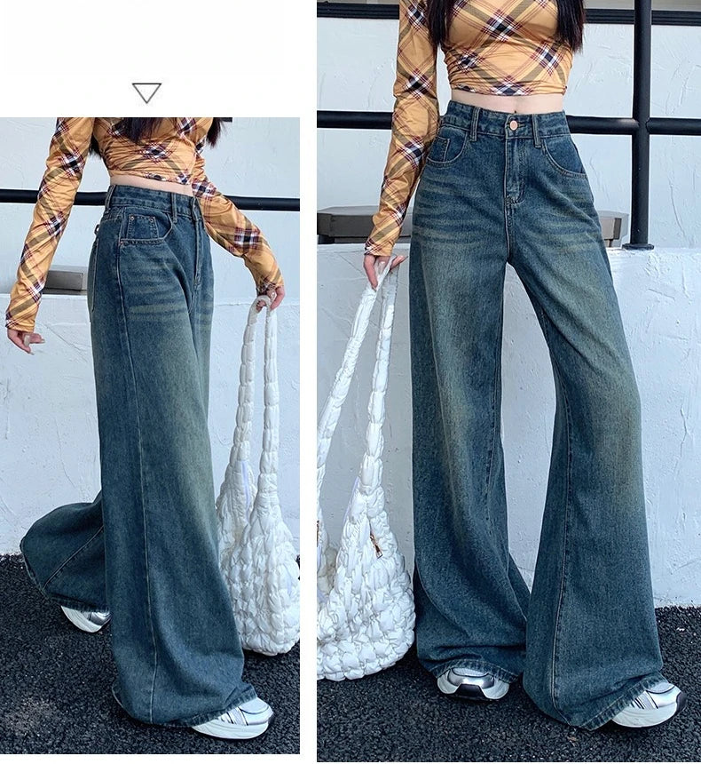 Women's Jeans Denim Pants 2025 Euramerican High Waist Girl Style Jean Trousers Colorful Straight Leg Wide Leg Pants