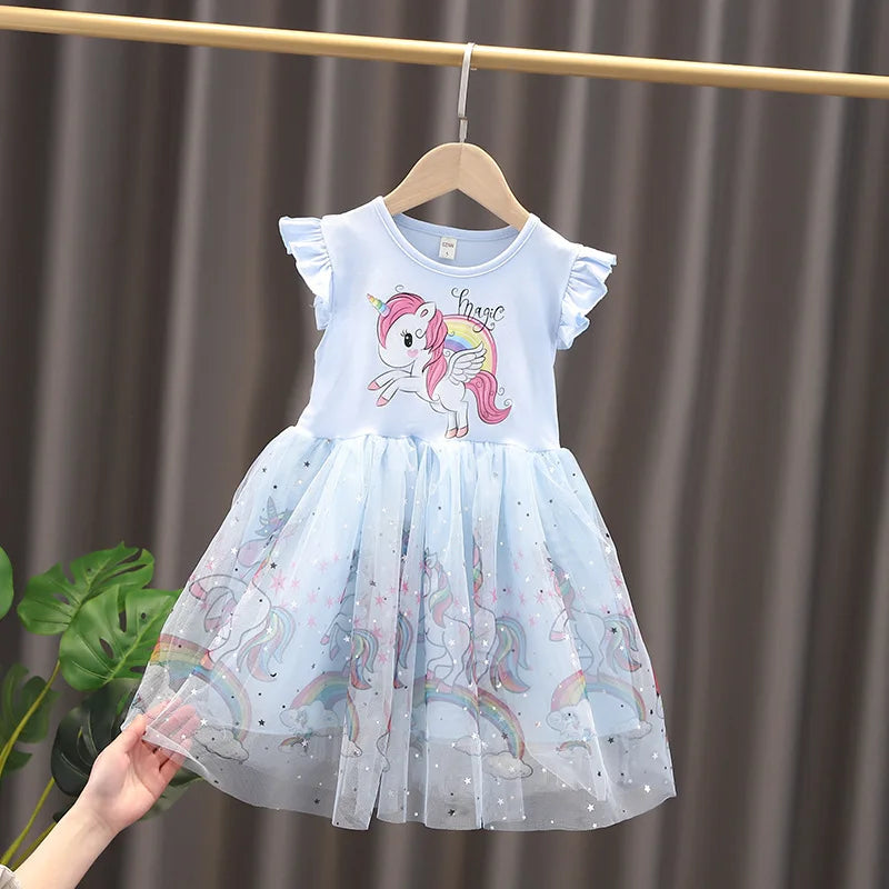 Unicorn Girls Dress New Kids Clothes Summer Short sleeve TuTu Princess Dresses Party Baby Dresses for Children Rainbow 2-8Y