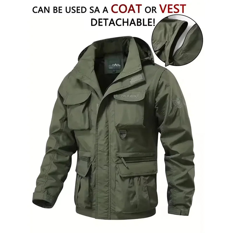 Waterproof Men Jackets Casual Work Coats Detachable Hooded Multi-Pocket Jackets Autumn Outdoor Windproof  Camping Outerwear Coat
