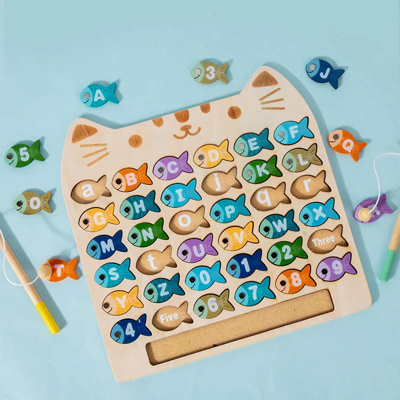 Kids Wooden Fishing Game Toys Gifts Early Education Alphabet Numeric Cognitive Toys Children Interactive Games Toys for Gifts