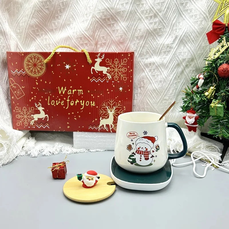 Christmas gift set: 55-degree warm ceramic cup with lid, Santa Claus mug, office coffee cup