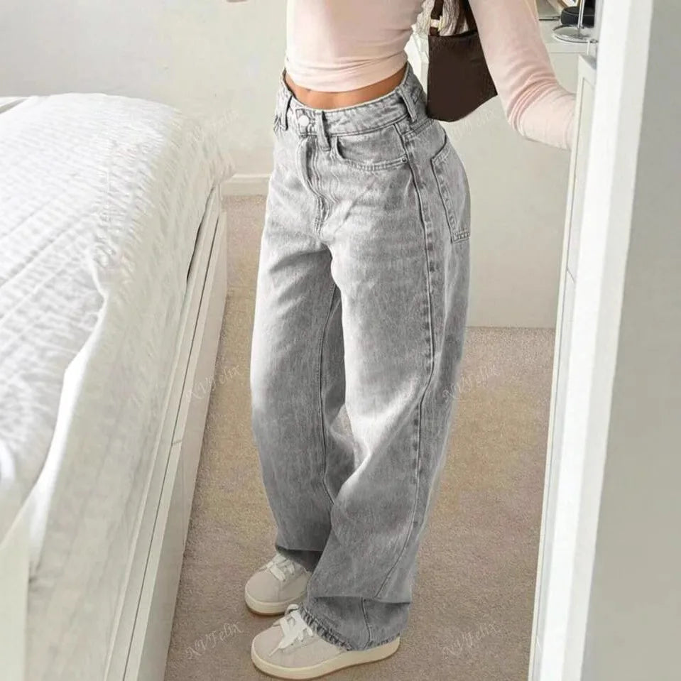 Jeans Women Straight Pants Denims Washed High Waist Distressed Pockets Female 2025 Streetwear Vintage Full Length Trousers