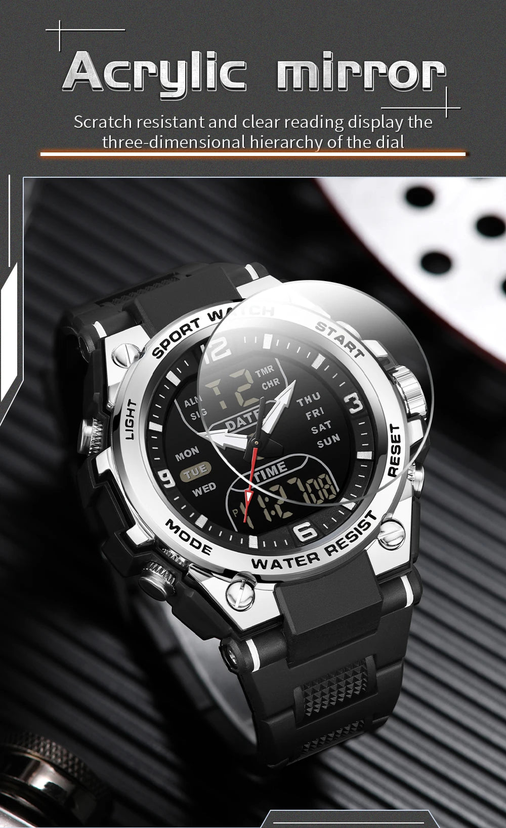 SANDA New Fashion Men Watch Multifunctional Outdoors Sports Waterproof Wristwatch LED Luminous Electronic Digital Men Watches