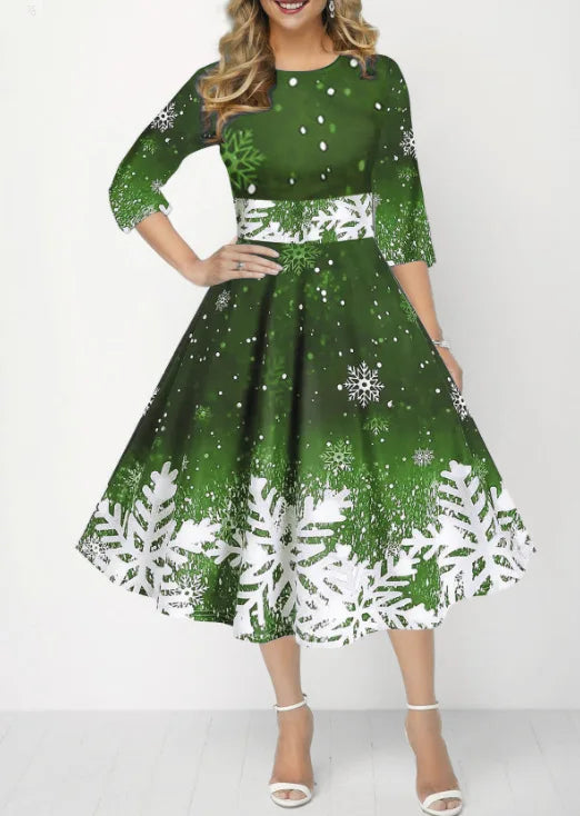 Winter Christmas Dresses Women Vintage Robe Swing Elegant Half Sleeve Casual Print Party Dress