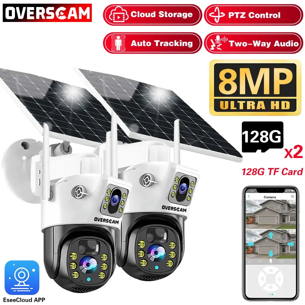 Solar Security Camera 4K 8MP Wireless PTZ Outdoor 360° Coverage 2-Way Audio Human Detection Night Vision 256GB WiFi/IP PIR Alarm