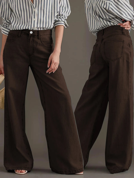 Women's new jeans washed vintage brown wide-leg jeans high waist cut elegant fashion style retro silhouette