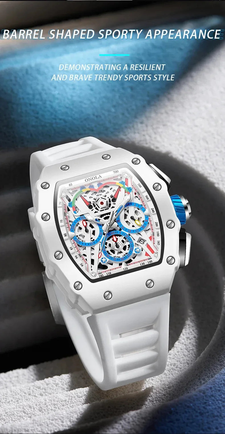 Watches for Man ONOLA 6827W Trend White Men Watch Waterproof Chronograph Quartz Wristwatch Sports Silicone Strap Reloj Hombre