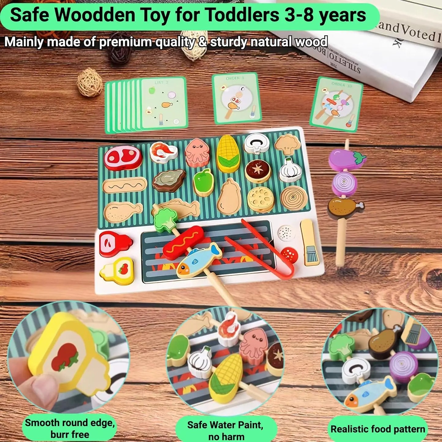 Wooden Kitchen Toys Set for Kids,Pretend Cooking Food Playset-BBQ Grill Toy with Food & Kitchen Toy Accessories Fine Motor Toys