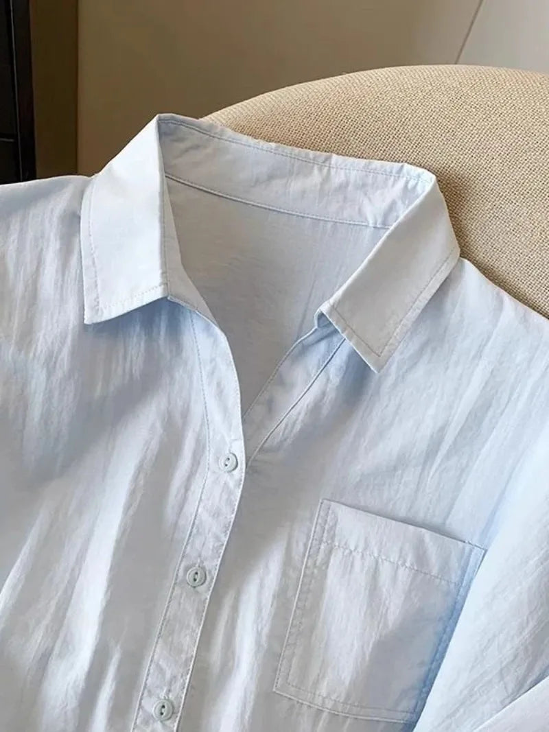 White Cotton Shirt Women Summer New Thin Loose Blouses Fashion Korean Commute Solid Short Sleeved Shirt Top