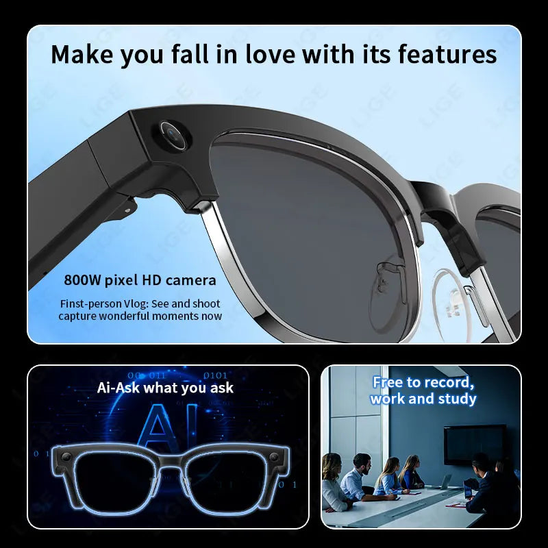 4K HD Camera Glasses Translator AI Glasses Video Recording BT Call Music Glasses Waterproof Sport Bluetooth Smart Sunglasses Men