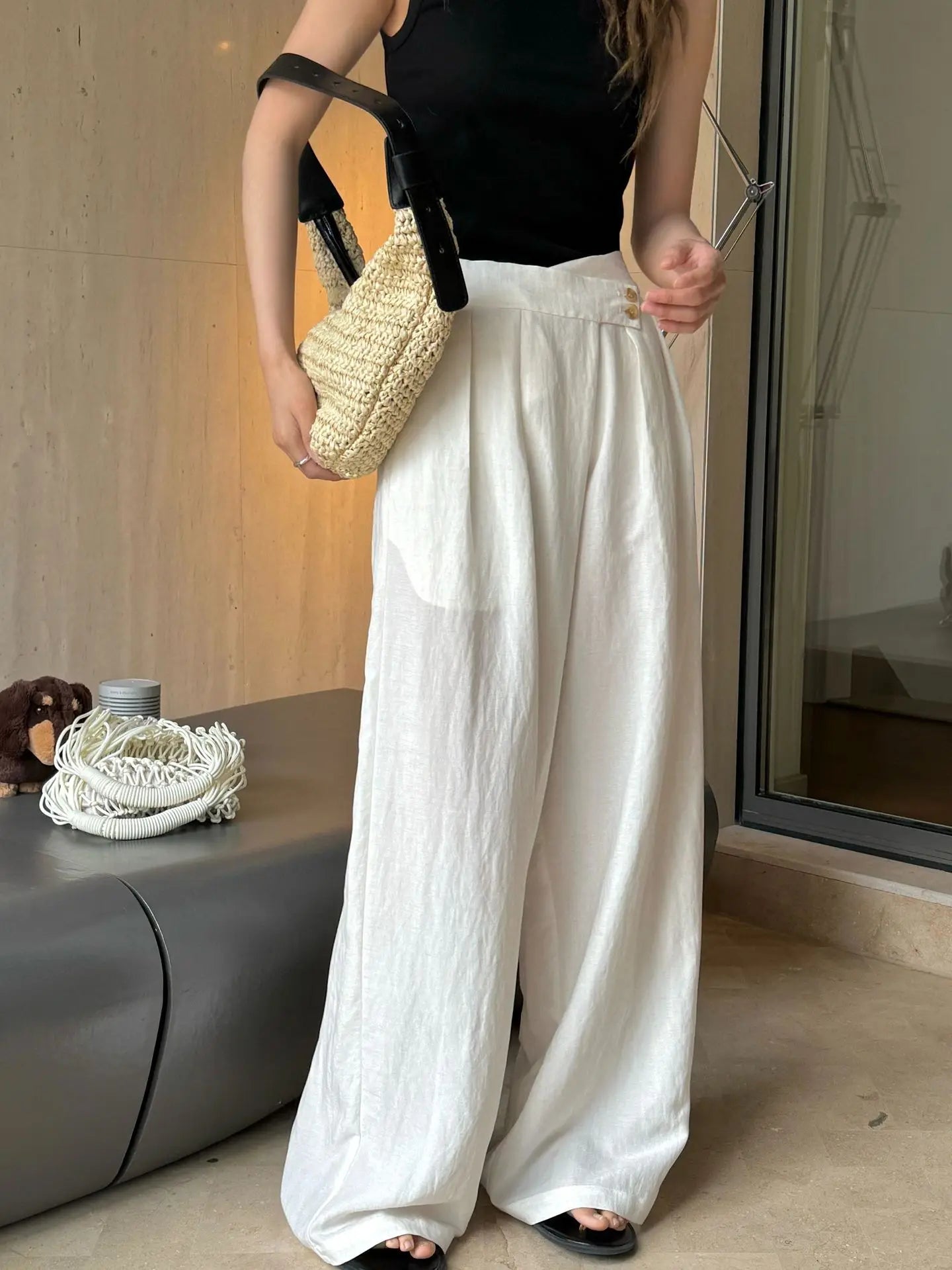 Summer women's casual solid color high waisted loose wide leg pants