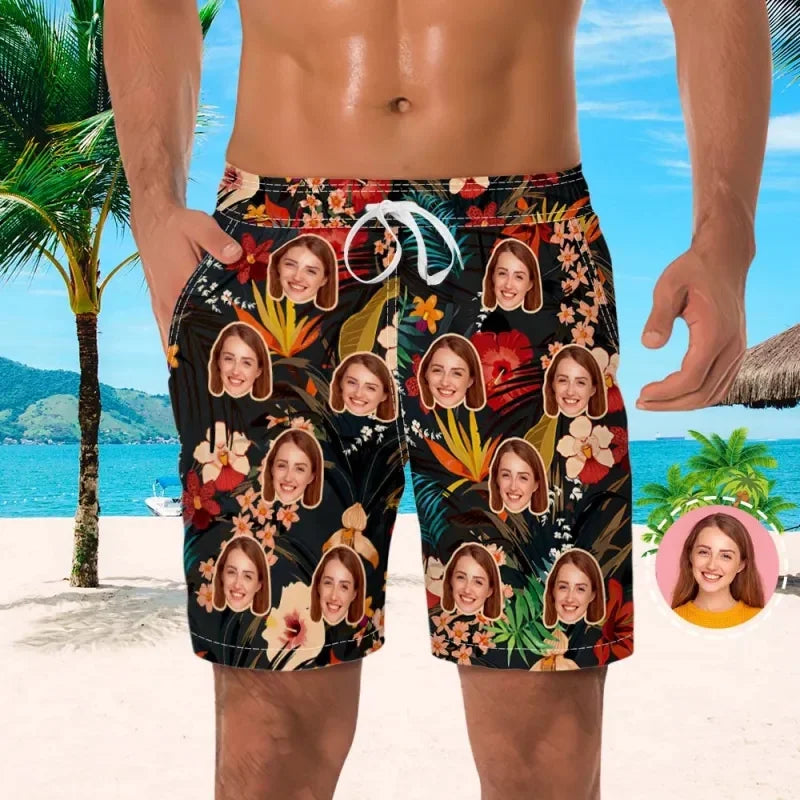 Custom Face Men Shorts Flowers Foliage Hawaii Beach Shorts 3D Printed Unisex Gym Sport Board Short Pants Ice Swim Trunks Ropa
