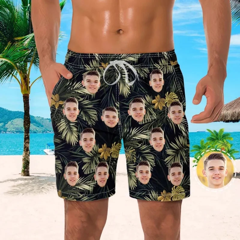Custom Face Men Shorts Flowers Foliage Hawaii Beach Shorts 3D Printed Unisex Gym Sport Board Short Pants Ice Swim Trunks Ropa