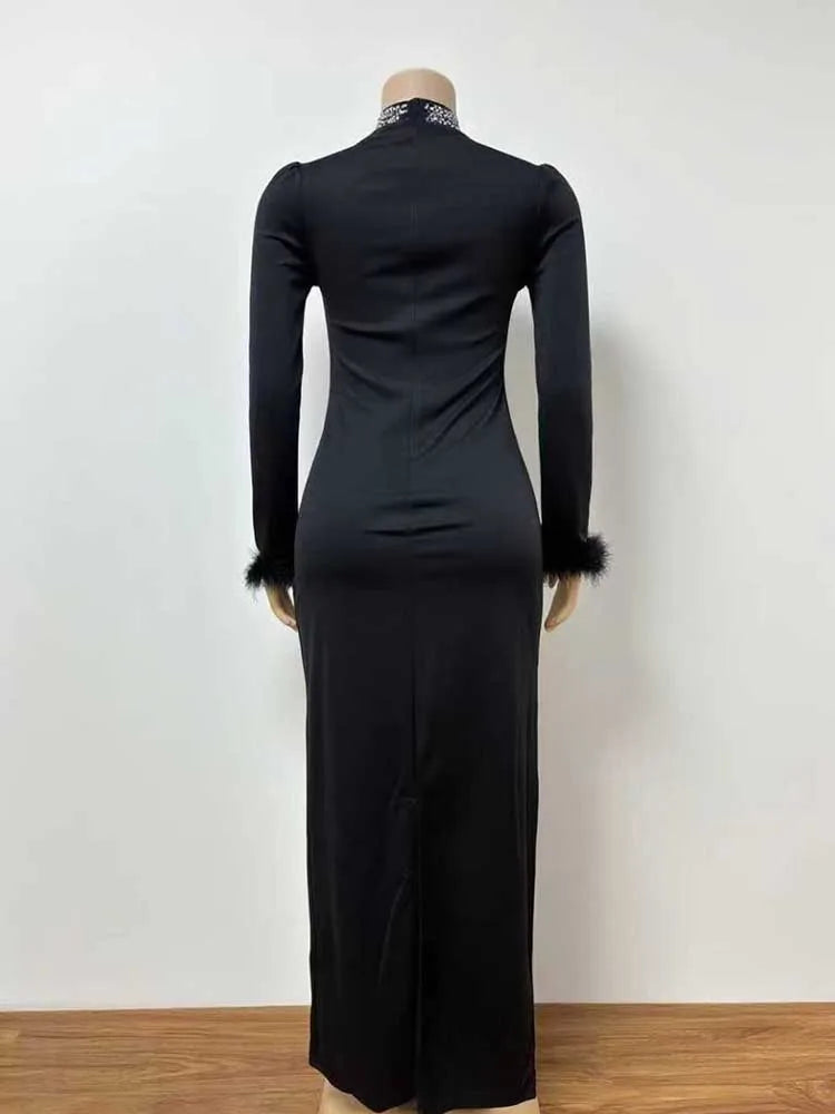 Elegant Black Evening Dresses for Women Autumn Clothes Dress  Round Collar with Diamonds Elegant Chic Bodycon Dress Long Sleeve
