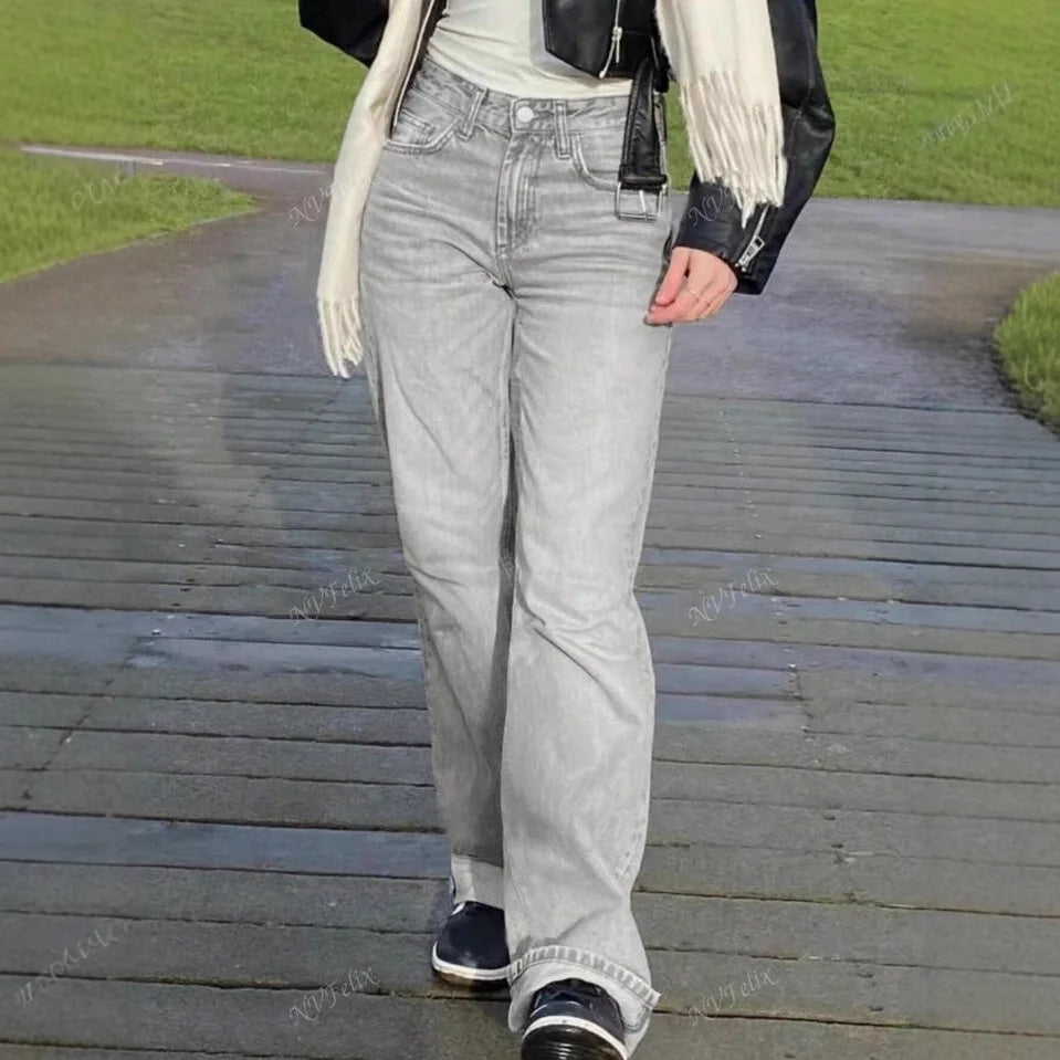 Jeans Women Straight Pants Denims Washed High Waist Distressed Pockets Female 2025 Streetwear Vintage Full Length Trousers