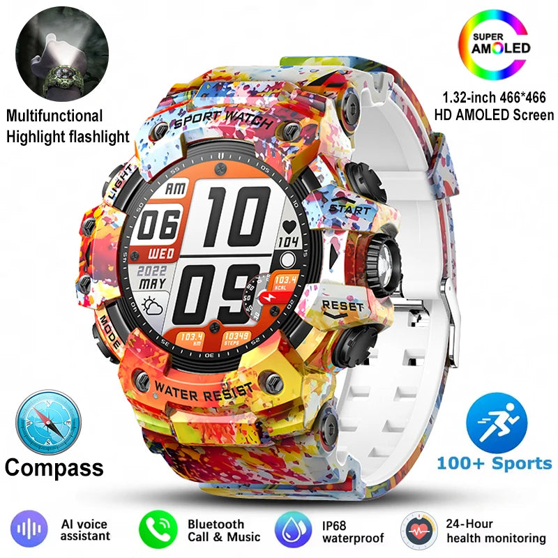 For Xiaomi Military Sports Smart Watch Men 100+Sports Fitness Flashlight Compass Heart Rate Bluetooth Call Waterproof Smartwatch