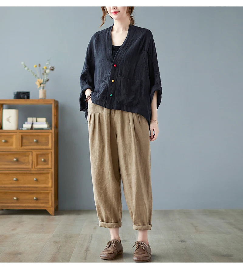 Women Long Sleeve Jackets New 2022 Autumn Vintage Style All-match Loose Comfortable Cotton Linen Female Casual Coats B2100