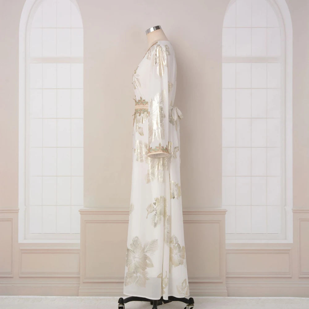 Eid Muslim Women Dress Gown Turkish Caftan Abaya Jalabiya Ramadan Party Dresses Morocco Kaftan V Neck Belt Embroidery Vestidos