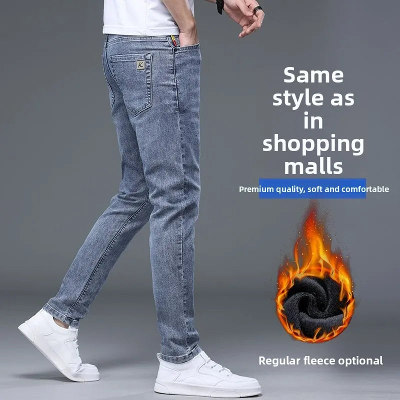 Fleece Thermal Autumn Winter Denim Jeans for Men Pants Warm Thicken Straight Stretch Clothing Fashion Street Causal Denim Pants