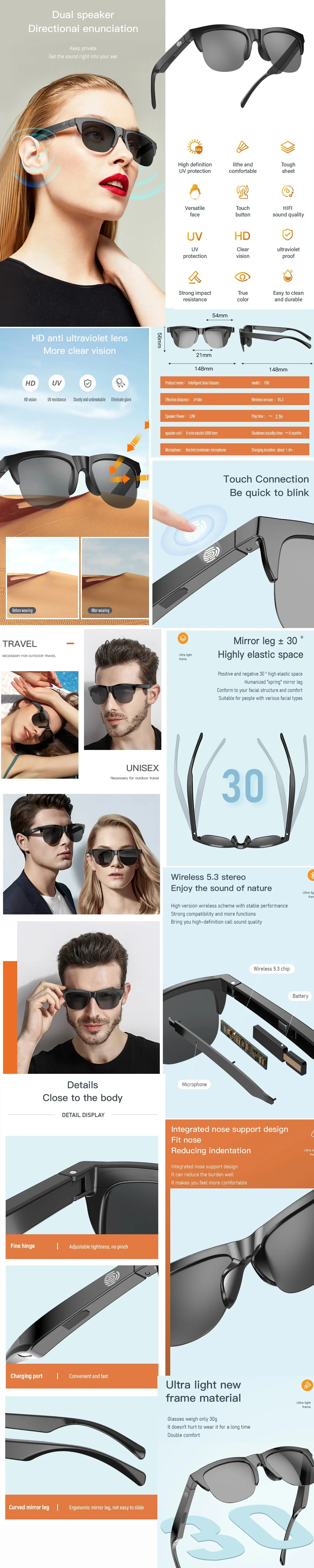 Smart Glasses Wireless Bluetooth Sunglasses Built-in Microphone Speakers Touch & Voice Assistant Compatible Glass for Men Women