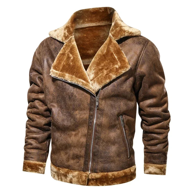 2022 Winter Jacket Mens Suede Leather Jacket Lapel Collar Vintage Style Warm Thick Fur Slim Fit Men Jackets M-4XL