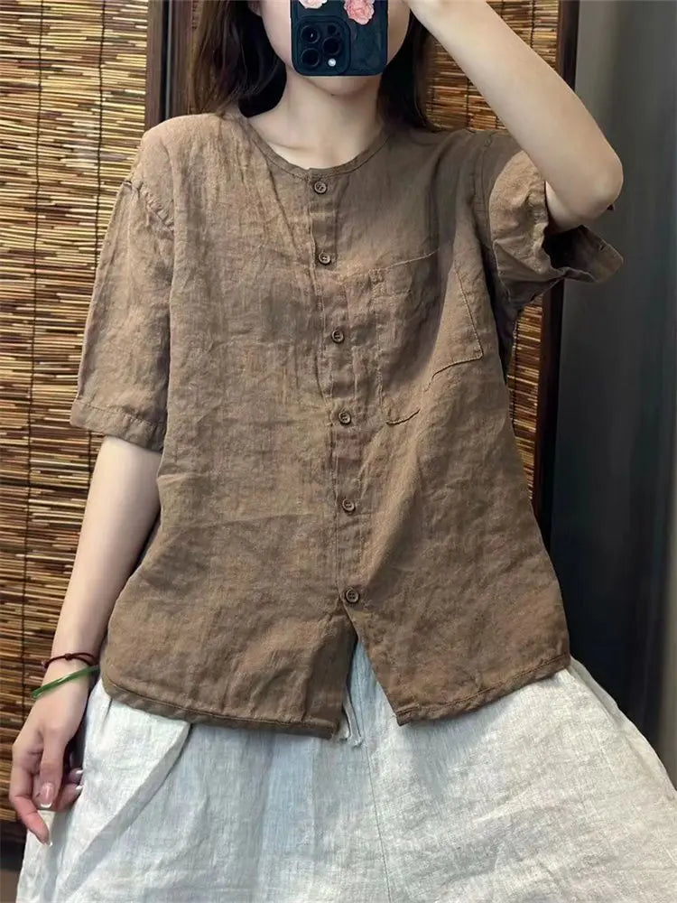 Chiffon Cotton Linen round Neck T-shirt Women Summer New Vintage Art Loose Shirt  Open Cardigan Top 2025 Short Shirt For Women