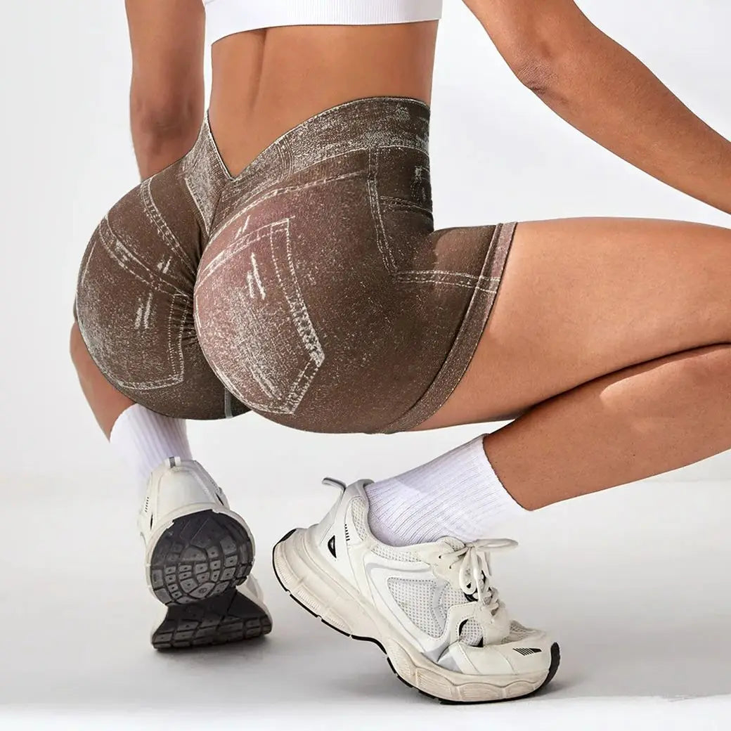 Women V back Shorts Faux Jeans Elastic Workout Sports Yoga Pants Butt Lifting Leggins Fitness Athletic Short Tights Seamless