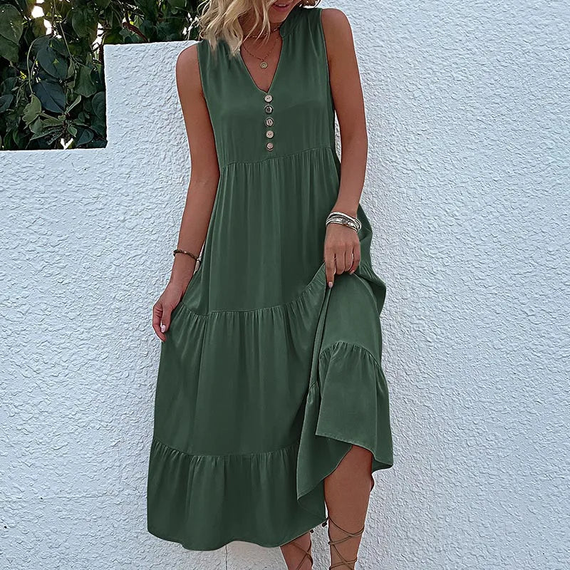 Dresses for Women 2025 Summer V-neck Single-breasted Vest Dress Sleeveless Loose Casual Solid Color Dress Vestidos De Mujer