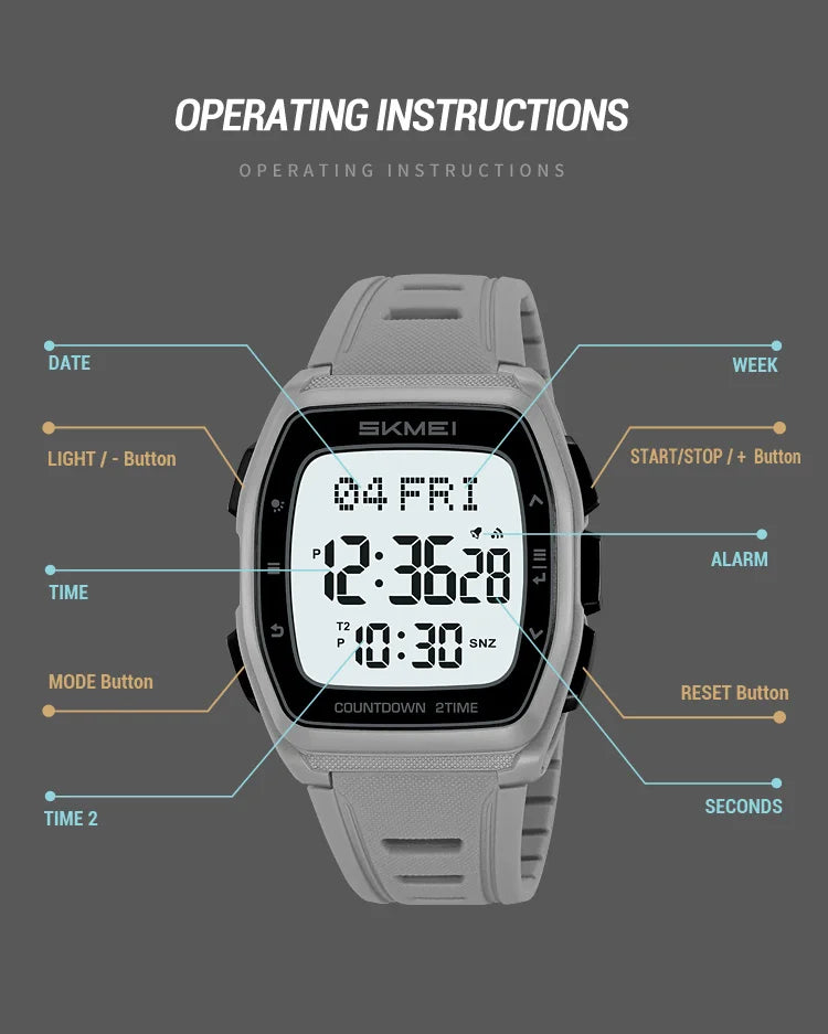 SKMEI 2441 LED Display Electronic Mens Wristwatches Waterproof Countdown Sport Watch for Men Military Digital Clock Reloj Hombre