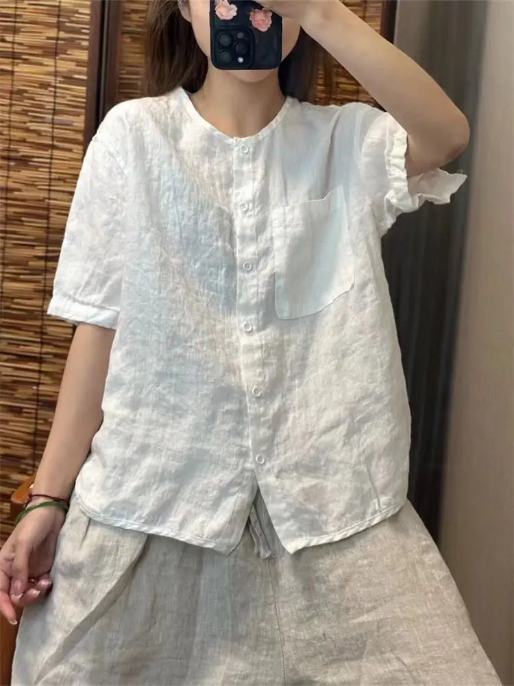 Chiffon Cotton Linen round Neck T-shirt Women Summer New Vintage Art Loose Shirt  Open Cardigan Top 2025 Short Shirt For Women