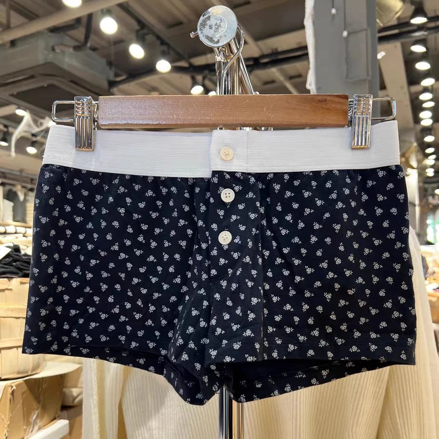 Purple Floral Print Home Shorts Summer Patchwork Elastic Waist Straight Short Pant Casual Cute Cotton Pants Woman Clothing