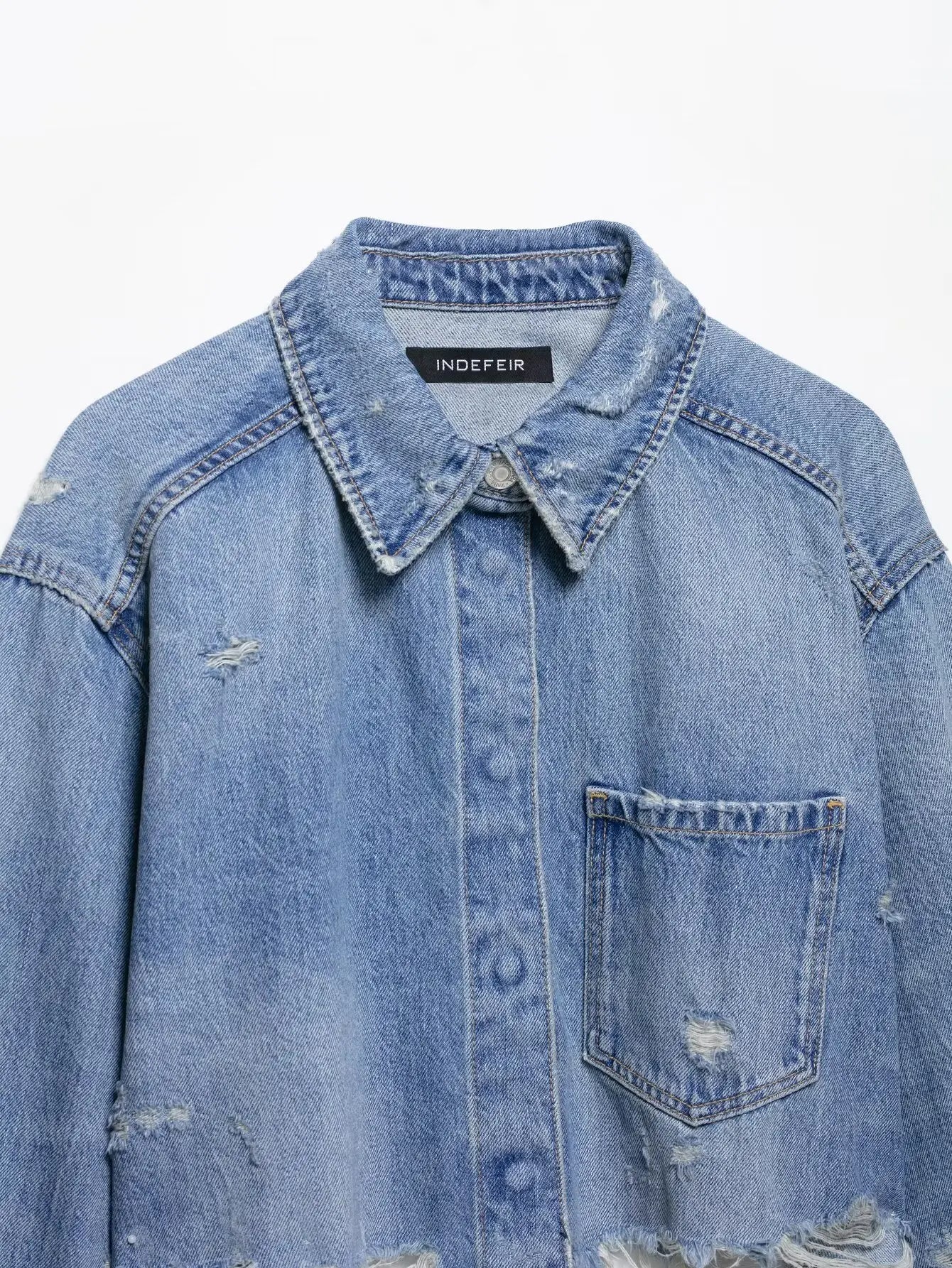 Denim short jacket for women, ripped decorative shirt, new single-breasted long-sleeved shirt top, casual retro street style