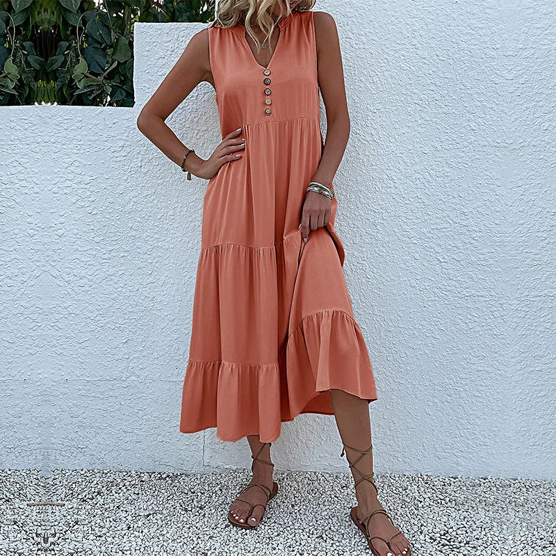 Dresses for Women 2025 Summer V-neck Single-breasted Vest Dress Sleeveless Loose Casual Solid Color Dress Vestidos De Mujer