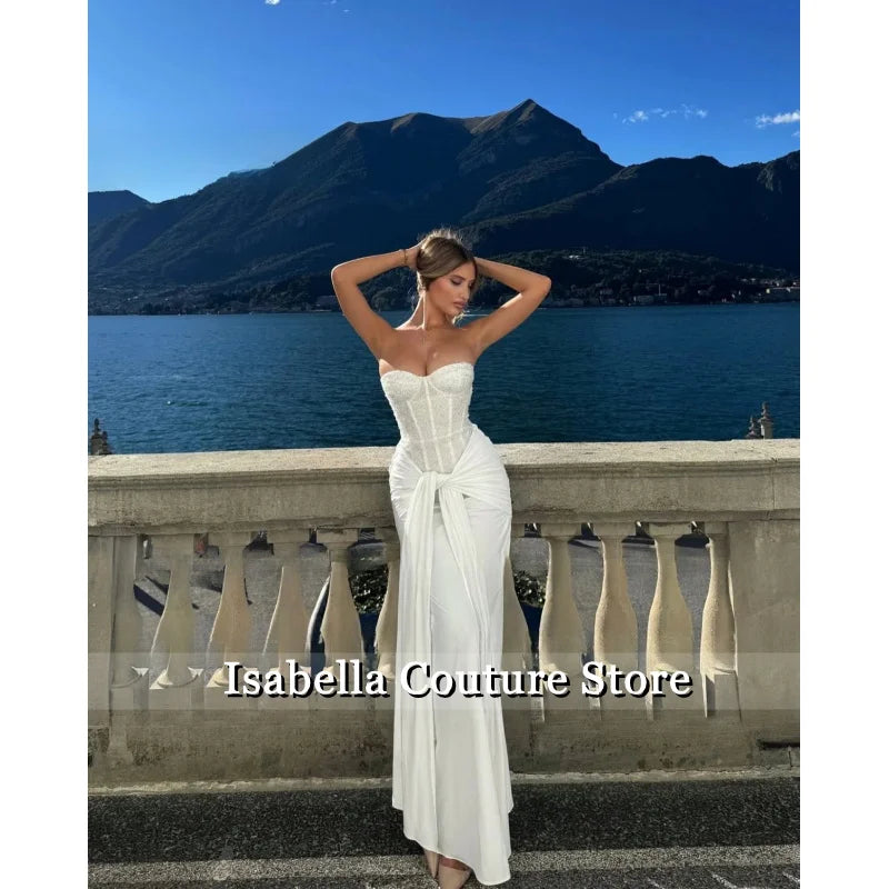 Attractive Evening Dresses for Women Strapless White Sequin Long Silk Scarves Prom Dresses Strapless Lacing upCustomized