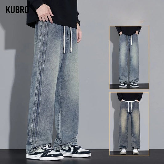Elastic Loose Straight Jeans Men's Wide Legged Denim Pants Casual Trousers Korean Style Sportswear Clothing Jeans Men Pants