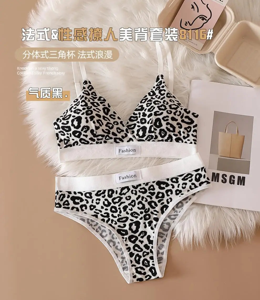 Women Seamless Bra Set Low Waist Panties Leopard Bralette Sexy Lingerie Set Vneck Sport Brassiere Female Cotton Underwear Set