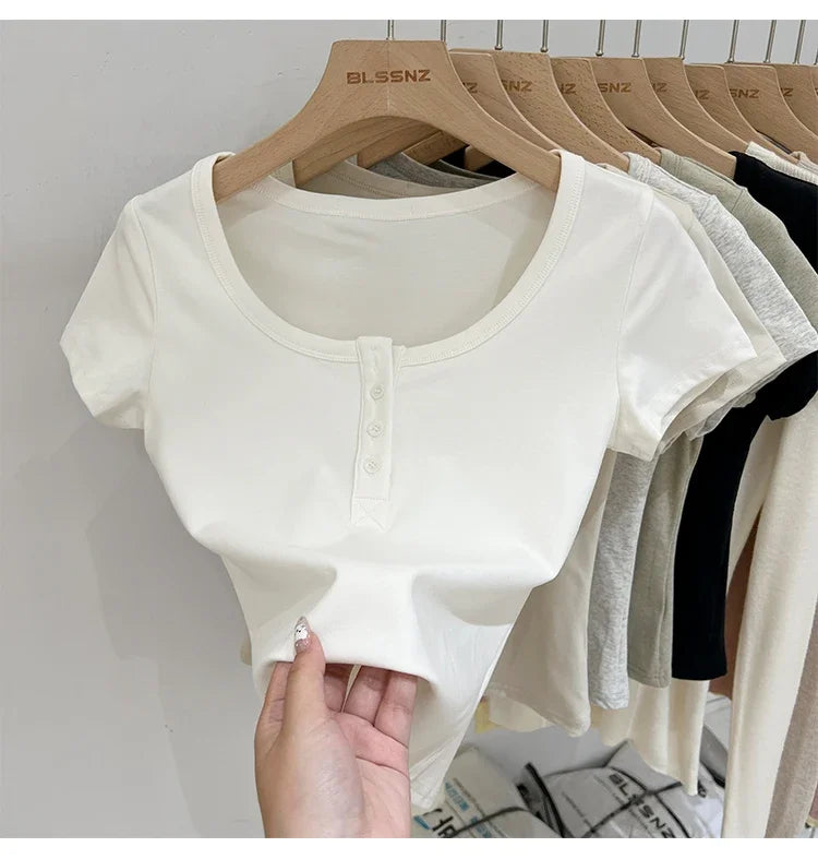 Women T Shirt Button T-Shirt Woman Clothes Tops Cotton Slim Tshirt Female Short Sleeve Top Summer Tee Sexy Canale Y2k
