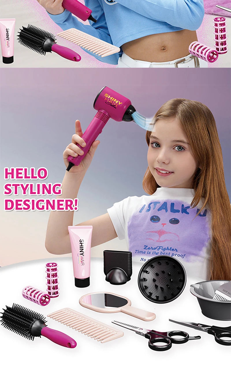 Hair Styling Play Set for Girls – Hair Clips, Mirror, Comb, Hairdryer, Hair Dye Tools – Role-Playing Kit for Ages 3+