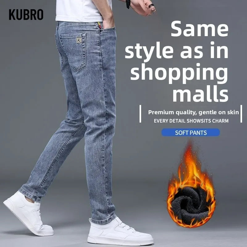 Fleece Thermal Autumn Winter Denim Jeans for Men Pants Warm Thicken Straight Stretch Clothing Fashion Street Causal Denim Pants