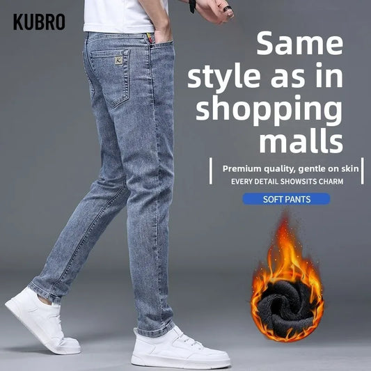 Fleece Thermal Autumn Winter Denim Jeans for Men Pants Warm Thicken Straight Stretch Clothing Fashion Street Causal Denim Pants