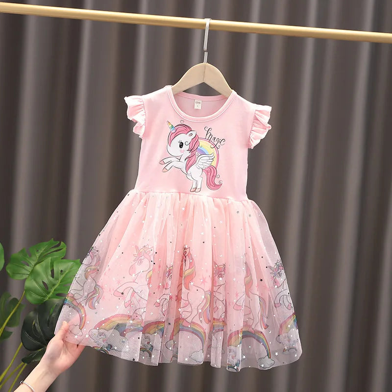 Unicorn Girls Dress New Kids Clothes Summer Short sleeve TuTu Princess Dresses Party Baby Dresses for Children Rainbow 2-8Y
