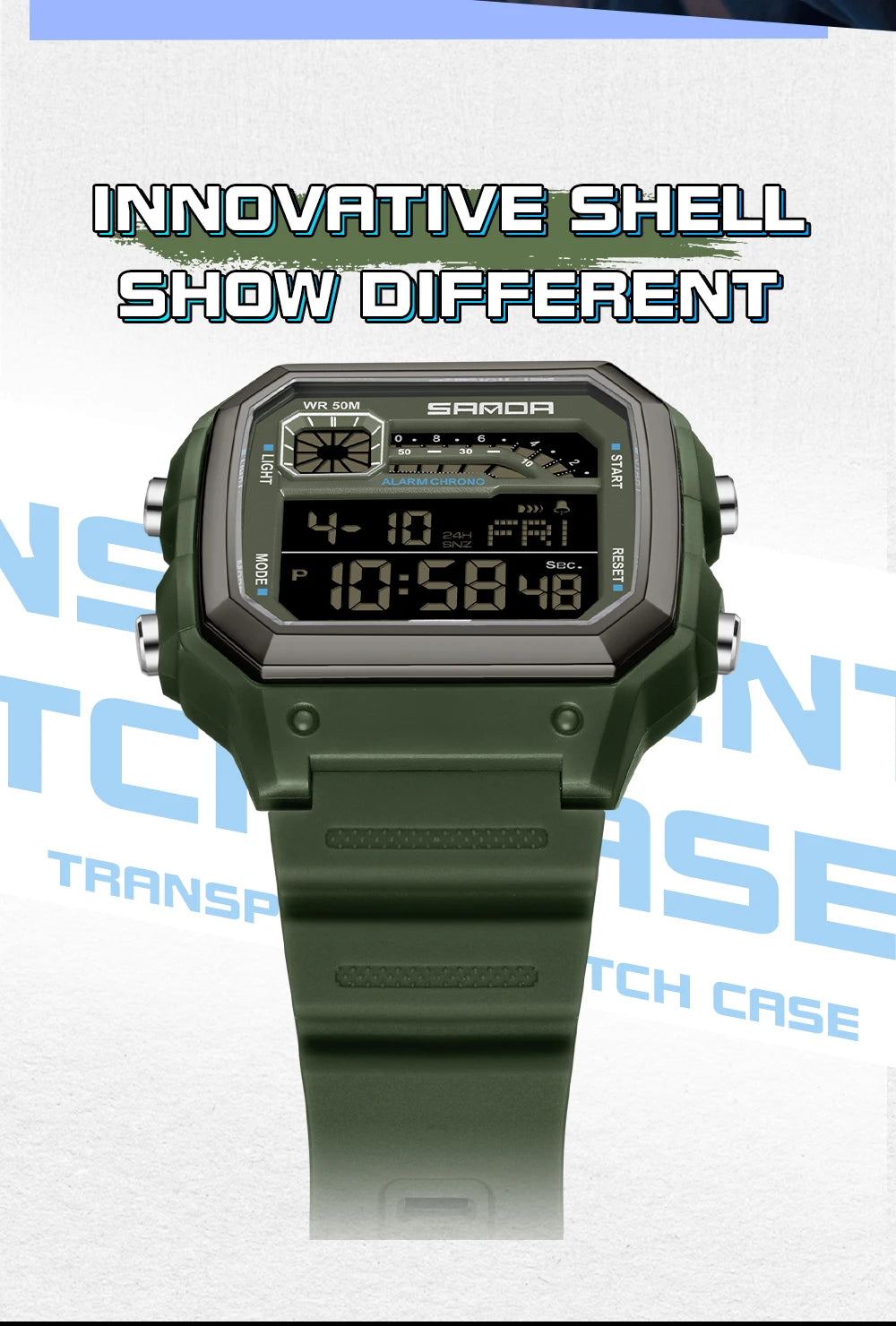 SANDA 6196 Electronic Watch Night Glow Waterproof Sports Men's Light and Thin Square Classic Male and Female Student Watch